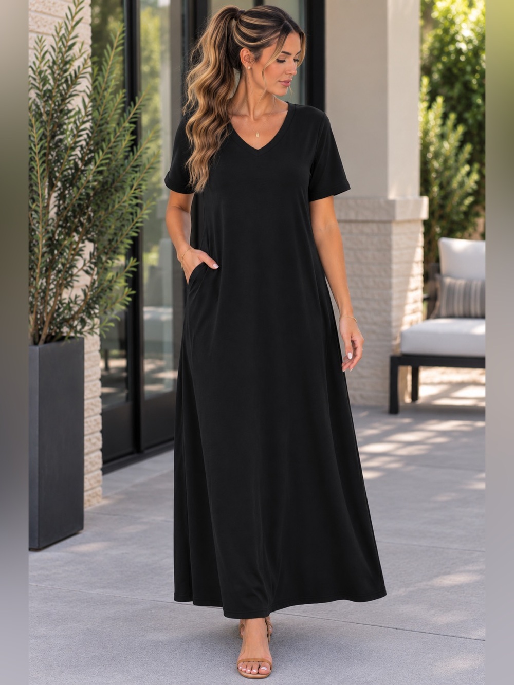 NWT - Wiholl Women's Maxi Dress V Neck Vacation Beach Sundress
